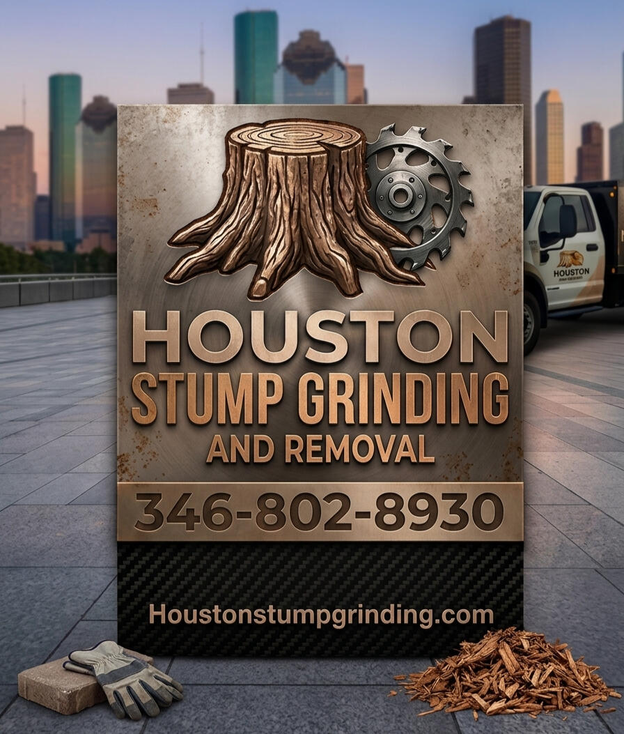 Houston Stump Grinding Company logo featuring bold text reading Houston Stump Grinding and Removal against a dark carbon fiber background